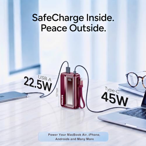 Image of Philips DLP2721NR /94 20000mAh 45W Fast Charging Power Bank with Built-in Type-C Cable (Iron Red) | Digital LED Display | Lithium Polymer | 2 Type-C & USB-A | Pocket Size | Compact & Travel-Friendly