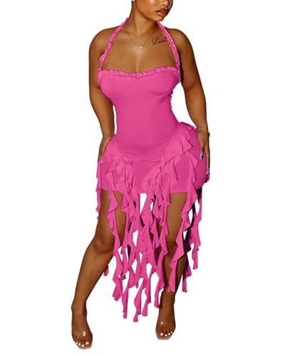 Image of Aro Lora Womens Sexy Halter Neck Sleeveless Ruffle Tassel Party Club Bodycon Mini Dress