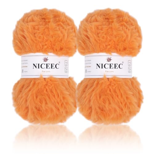 Image of NICEEC 2 Skeins Soft Faux Fur Yarn 70yds,3.53oz- S1121#Orange | Crochet & Knit, DIY Project Starter Kit,Handbag,Sun Hat,Shoes, Shopper Bag