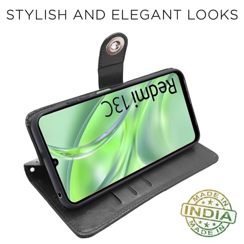 Image of Pikkme Redmi 13C 4G | Poco C65 Flip Cover Leather Finish | Inside TPU with Card Pockets | Wallet Stand and Shock Proof | Complete Protection Button Flip Case (Black)