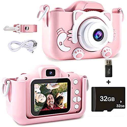 Malay Kids Digital Video Camera - 1080P HD Toy for 3-12 Year Old Boys/Girls Birthday Festival Gift USB Rechargeable Selfie Camera With 32GB SD Card and Card Reader (Pink)