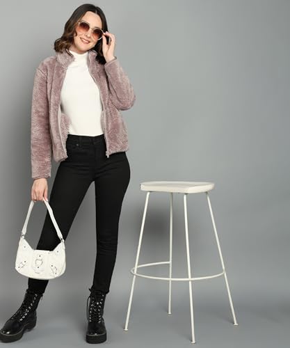 Image of Alan Jones Clothing Women's Fluffy Yarn Fleece Full-Zip Jacket | Soft Lightweight Warm Outerwear with Stand Collar & Piping at Hem & Cuffs