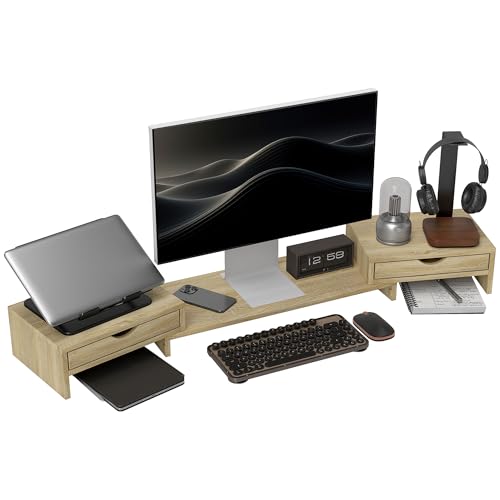 HOMCOM Rehausseur écran PC bureau support d'écran d'ordinateur de 60-116 cm support moniteur avec 2 tiroirs, longueur et angle réglables, pour ordinateur...