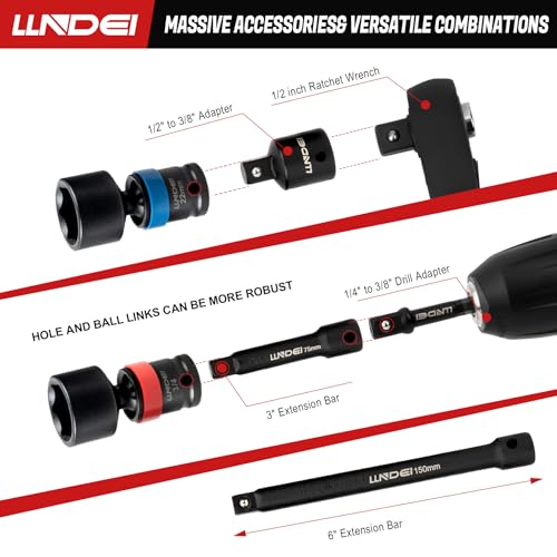 Image of LLNDEI 27Pcs 3 /8 inch Drive Swivel Impact Socket Set, CR-MO Swivel Socket Set Metric(8-22mm)& SAE(5 /16-3 /4),6 Point Wobble Socket Set with Ratchet Wrench, Extension Bar and Adapters.
