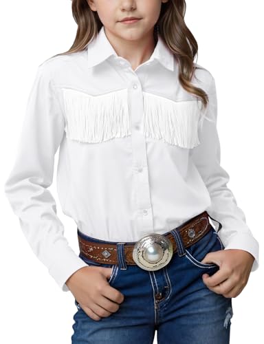 Noomelfish Girls Fringe Snap Button Down Western Shirt Cowgirl Long Sleeve Blouse Tops, White, Size 7-8 Years