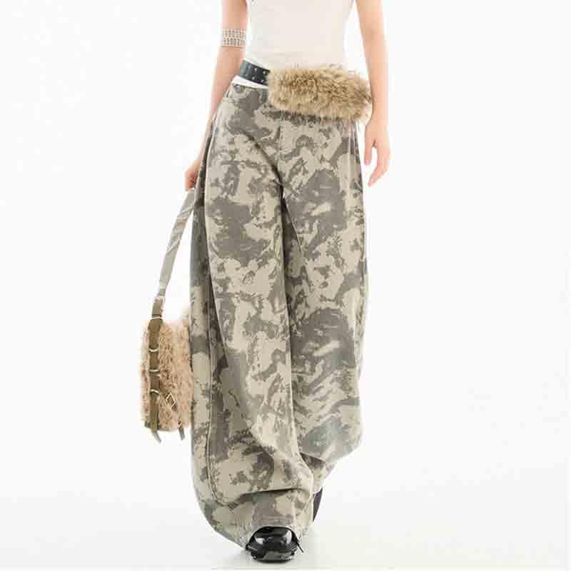 Women's Retro Camouflage Style Wide Leg Pants, Street Trend Straight Leg Pants high Waisted Jeans for Women3
