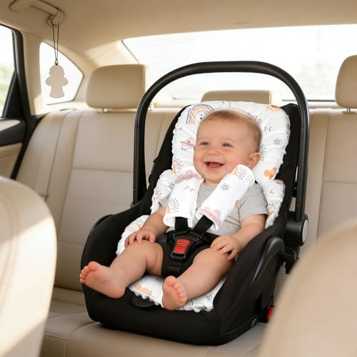 Image of Infant Car Seat Insert, Car Seat Head Support Baby Girls Boys, Soft & Reversible Newborn Carseat Insert Cushion with 2 Strap Covers, for Stroller, Swing, Bouncer (White Boho Rainbow)