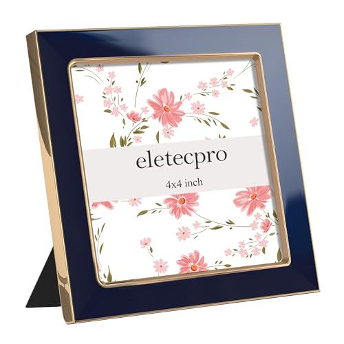 Image of eletecpro 4x4 Enamel Picture Frame with Real Glass Cover, Square Photo Frame with Gold Metal Edge Display Pictures 4 by 4 for Tabletop and Wall Decor, Navy, 1 Pack