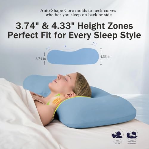 Image of HighBeds Cervical Neck Pillow - Side Sleeper Pillow for Neck Pain Relief, Soft Ergonomic Memory Foam Pillows Ice Silk Zipperless Pillowcase, Eco-Friendly and Durable Material (Blue)