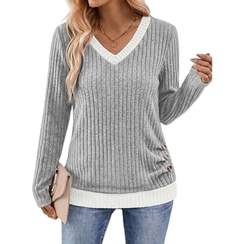 Womens Fall Sweaters V Neck Ribbed Knit Thermal Button Side Shirt - image 3