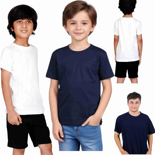 Image of Kids Round Neck T-Shirt Half Sleeves 100% Cotton Rich Soft Comfortable Fit Stylish Plain Color White+1 Combo Original Brand Tshirt for Boys