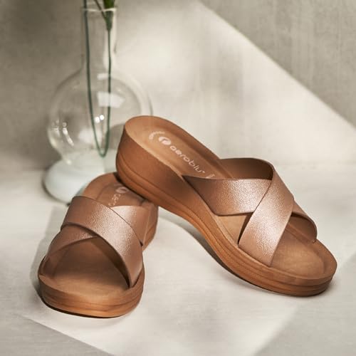 Image of AEROBLU Cushion Comfort Mid Heel Slippers for Women | Classic Cross Strap Design | Comfortable Padded Footbed | Anti-Skid & Durable Heel Slippers for Girls | Ideal for Party, Ethnic and Daily wear