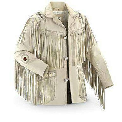 Image of LEATHERAY Men's Fashion Western Genuine Cowboy Jacket Native American wears Fringed & Beaded Jacket Cow Leather White