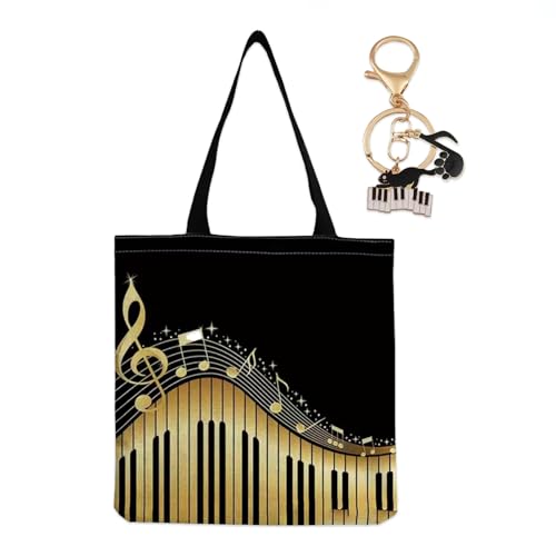 Eowppue Praktische Tragetasche - Hochwertige Einkaufstasche mit Notenblatt-Muster, Große Kapazität & Wiederverwendbar, inklusive Musikalischer Katze Anhänger