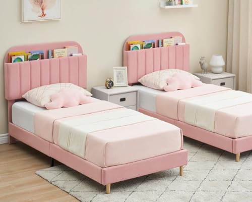 GarveeHome Full Bed Frame with Storage Headboard, Velvet Upholstered Platform Bedframe for Kids, Girl Bed, Strong Wooden Slats, Noise-Free, Easy Assembly, No Box Spring Needed, Light Pink
