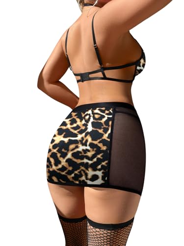 Image of Foxiny Sexy Cutout Halter Underwire Leather Mesh Sheer Mini Skirt Stocking Lingerie Set 4 Piece Outfits
