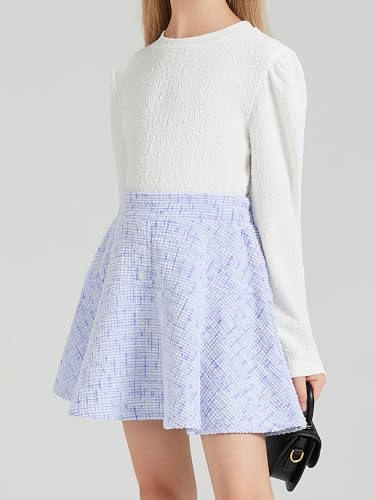 Image of Girl's Skirt Sets 2 Piece Fall Outfits Crew Neck Jacquard Puff Sleeve Tops Tweed Mini Skirt Cute Kids Clothing Set