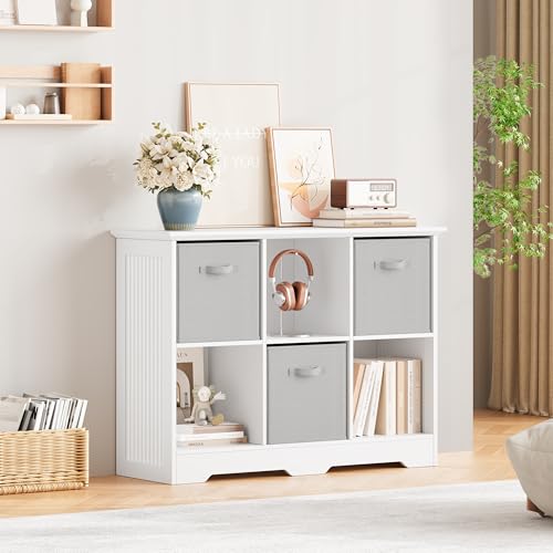 Image of 6 Cube Storage Organizer Shelf, Wood Cubby Storage with 3 Fabric Drawers, 2 Tier Wooden Bookshelf with 2 Adjustable Shelves & Fluted Side Panels for Bedroom, Living Room, Home Office, White