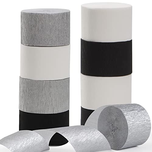 Image of Black White Silver Party-Decorations Streamers - 9 Rolls Graduation Men Boys Birthday Crepe Tissue Paper Streamer Banner, Wedding Baby Bridal Shower New Years Garland Decor Panduola