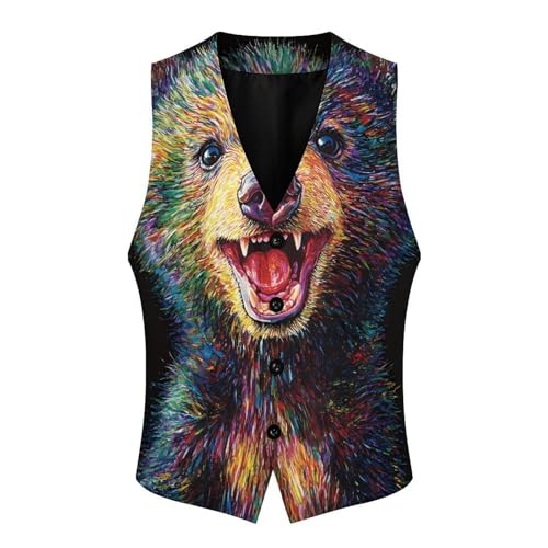 Smiling Bear Art Poster Casual Suit Vest for Men Formal Business Dress Regular Fit Waistcoat Tuxedo3
