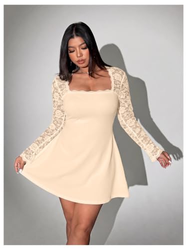 Image of Floerns Women's Plus Size Lace Sheer Long Sleeve Square Neck Mini Dresses