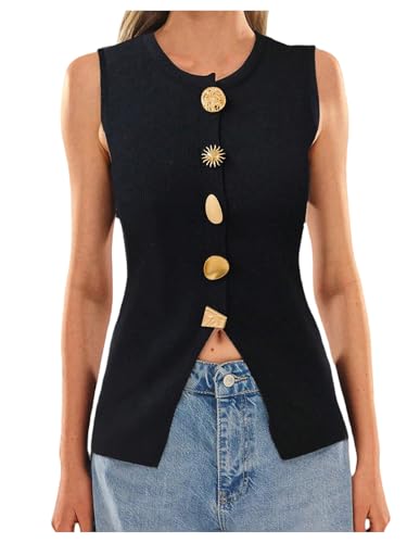 Milumia Women's Metal Decor Button Down Sweater Vest Sleeveless Knitted Tank Tops Waistcoat