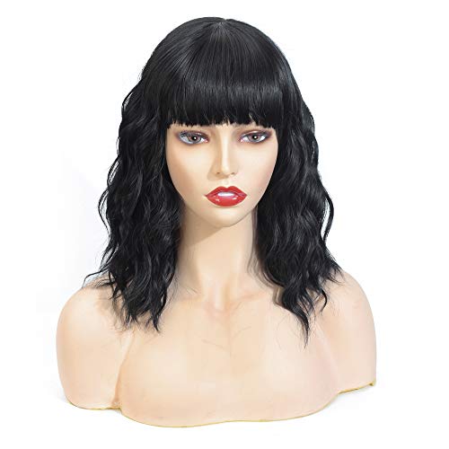 EastHair 16'' Short Curly Black Hair Wig Synthetic Wig with Bang for Fashion Women