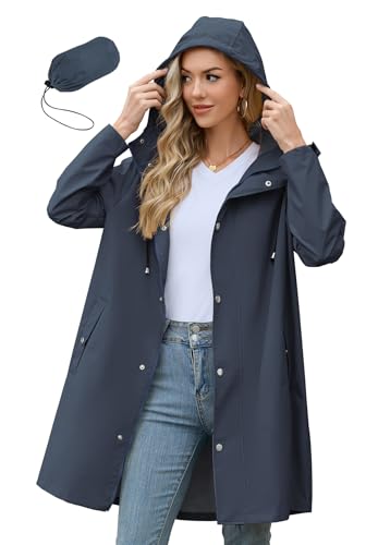 Zando Raincoats for Women with Hood Waterproof Packable Rain Jacket Navy L