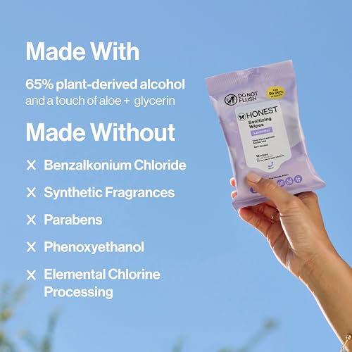 Image of The Honest Company Lavender Sanitizing Alcohol Wipes, Antibacterial with Aloe, Kills 99% of Germs, 15 Count