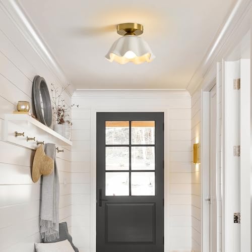 Glaze Ceramic Semi Flush Mount Ceiling Light - 2 Pack, Vintage Gold Hallway Light Fixtures, Flower White Globe Ceiling Lights, Mid Century Small Light Fixture for Cottage Entryway Laundry Room Foyer by Luafac - Used condition - Image 7