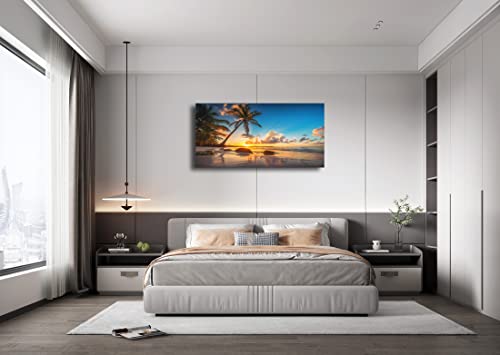 Aibonnly Wall Art Canvas Painting Sunset On A Tropical Beach With Palm Trees 1 Piece Blue Sky Ocean Seaview Picture Poster Print Framed And Stretched Ready To Hang For Living Room Bedroom Office #TOP4