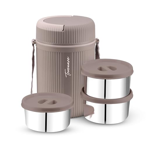 Image of Trueware Stainless Steel, Plastic GRUB 3 Double Wall Insulated Hot Lunch Box with 3 SS Container 300 ML Each | Bpa Free | Food Grade | Hot and Fresh (LBI-GRB-003-Peach BAZ)
