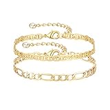 YANODA Dainty Layered Gold Chain Bracelet for Women 14K Gold Plated Figaro Chain Bracelets Adjustabl