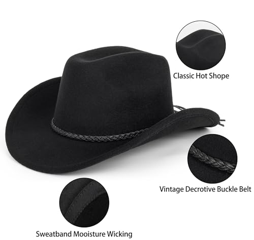 Fgss Classic-Western-Cowboy-Hat Upturn-Brim Felt-Cowgirl-Hat Rodeo-Hat With Belt For Women Men (Fit For 22.4-23.2") Black thumb #3