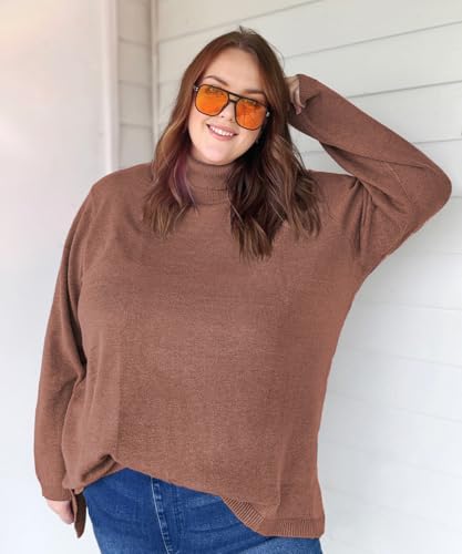 Image of CARCOS Plus Size Sweaters for Women Solid Turtleneck Sweater Long Sleeve Pullover Tops Casual Split Hem Knit Shirts