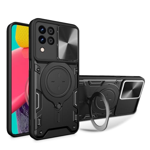 JayModCase Funda para Samsung Galaxy M53 5G Carcasa Cubierta de Cámara Deslizante Soporte de Anillo Giratorio 360° Metálico Protección Militar Antigolpes Bumper Case for Samsung M53 5G - Negro