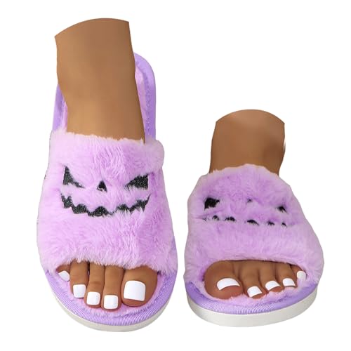 Slippers for Women 2025,Women's Spooky Slides Halloween Slipper Lantern Pumpkin Soft Plush Cozy Open Toe Indoor Outdoor Fuzzy Slippers2
