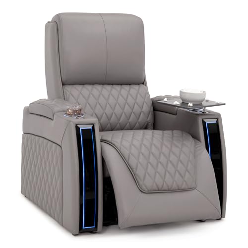 Image of Seatcraft Apex Gray Italian Leather Home Theater Seating, Zero Gravity Power Recliner, Powered Headrest and Lumbar Gaming and Home Office Chair, Lounge Sofa Furniture for Cinema Room, Single Recliner