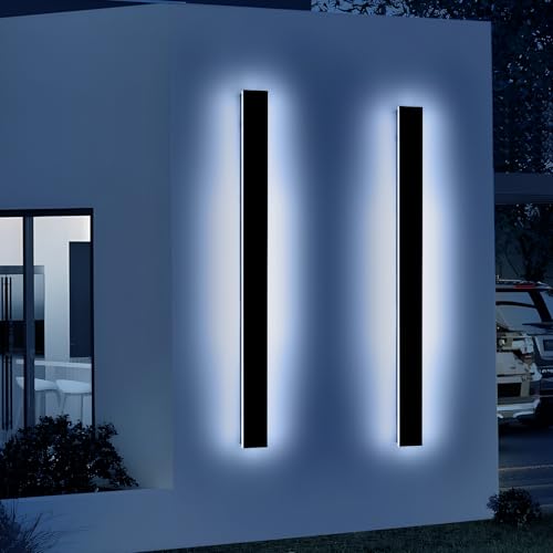 Image of 2 Pack 57inch Modern Outdoor Wall Lights, Long Strip Exterior LED Wall Sconce, 6000K Cold White, IP65 Waterproof, 50W, Black Outside Lighting Fixture for Porch, Garden, Fence, Balcony