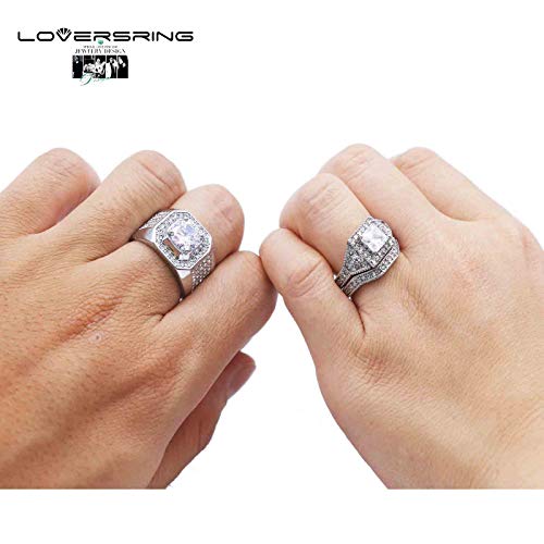 LOVERSRING 3pc His And Hers Couple Ring Bridal Set His Hers Women White Gold Plated Heart Cz Man Titanium Wedding Ring Band Set4