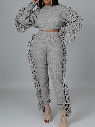 Image of KANSOON Sweater Sets for Women 2 Piece Outfits Knit Tassels Solid Color Long Sleeve Crop Sweaters Long Pants Sweatsuit