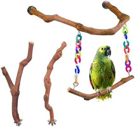 Bird Swing Toys, Standing Bird Perch with Natural Grape Wood, U Shape Hangable Birdcage Accessories, Birds Chewing Toy for Budgerigars, Parakeets, Cockatiels, Conures, Lovebirds, Finches (3Pack)