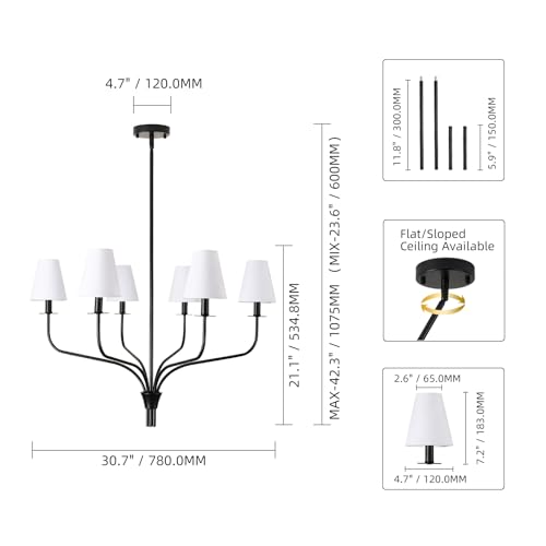 ALBHH 30" Black Chandelier for Dining Room - 6-Light Modern Pendant Lighting Fixture with White Fabric Shade, Farmhouse Ceiling Light for Living Room Bedroom Kitchen Island, E12 by ALBHH - Used condition - Image 3