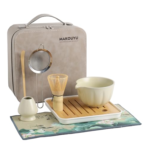 Matcha whisk Set, 8 Pcs Matcha Set with Holder/Scoop/Sifter/Leather-based Storage Field, 14 OZ,Excellent Matcha Package for Tea Ceremony,Japanese Tea Making Instruments (Beige)