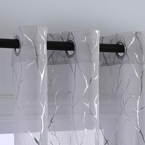 Taisier Home Grey Sheer Curtains 63 Inch Long - Silver Foil Tree Branch Gray Curtain 2 Panels Grommet Top Sheer Curtains Tree Pattern for Nursery, 52 x 63 Inch,Stylish Print Sheer Curtains for Bedroom