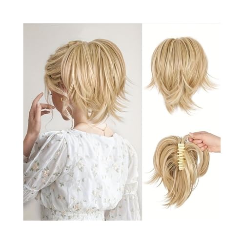 WEYFH Chignon, Perruque Courte et Lisse à Clipser, Queue de Cheval, Coiffure Interchangeable, Anneau pour Cheveux, postiche Duveteux, Queue de Cheval pour Femme (Jaune)