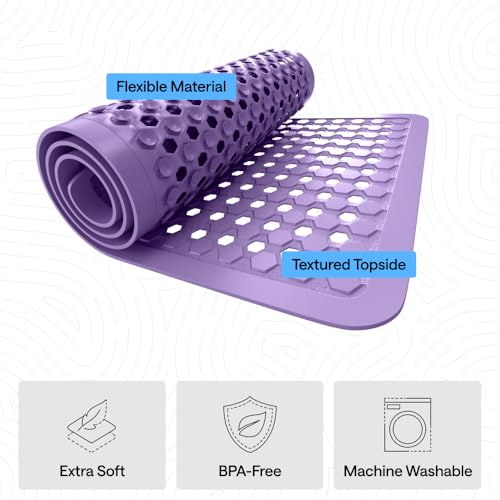 Image of GORILLA GRIP Patented Bath Tub Shower Mat, Machine Washable Bathtub Floor Liner Mats, Suction Cups and Drain Holes to Keep Tubs Clean, Soft on Feet, Bathroom Essentials, 35x16 Inch, Purple Opaque