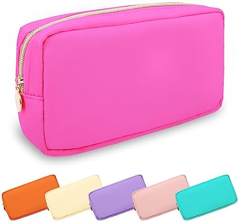 Waterproof Small Makeup Bag Pouch for Purse,Nylon Travel Toiletry Storage Bag Cute Preppy Cosmetic Bag for Women Girl,Waterproof Makeup Organizer Bag Skincare Bag Purse with Zipper(Small-Hot Pink)