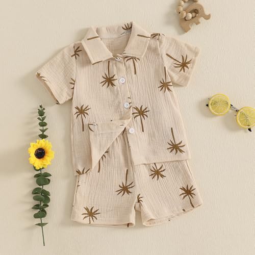Image of Thorn Tree Toddler Boy Summer Clothes Button Down Shirt & Shorts 2Pcs Tree Printed Casual Beach Outfits