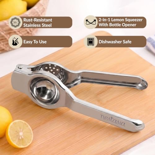 Image of Nestasia Stainless Steel Lemon Squeezer With Bottle Opener - Rust Resistant Hand-Press Manual Lime Juice Extractor | Durable Food-Safe Nimbu Squeezer & Presser - Ideal for Kitchen & Bar Use